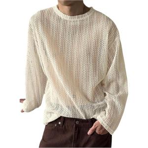 imageOYOANGLE Mens Crochet Hollow Out Long Sleeve Top Crew Neck Mesh See Through T ShirtsWhite