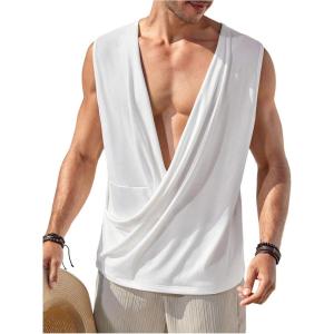 imageOYOANGLE Mens Draped Deep V Neck Wrap Tank Tops Sleeveless Casual Loose Fit Shirt Beach Vacation ClothesWhite