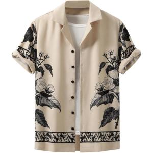imageOYOANGLE Mens Floral Print Short Sleeve Button Down Shirts Lapel Collared Beach Vacation TopsBeige