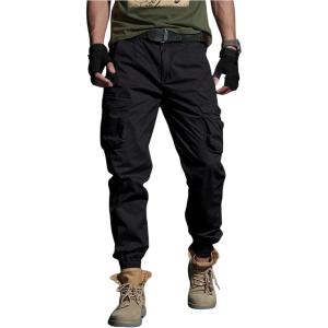 imageOYOANGLE Mens Jogger Cargo Pants Flap Pocket Lightweight Outdoor Hiking Work PantsBlack