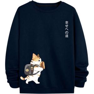 imageOYOANGLE Mens Letter Cartoon Print Round Neck Long Sleeve Sweatshirt Casual PulloversDeep Blue