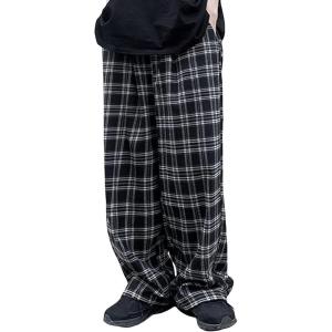 imageOYOANGLE Mens Plaid Print Drawstring Waist Straight Leg Long Pants with Pocket Y2k Streetwear Cargo PantsBlack and White