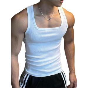 imageOYOANGLE Mens Square Neck Ribbed Knit Tank Top Basic Solid Sleeveless Undershirts Muscle TopsWhite