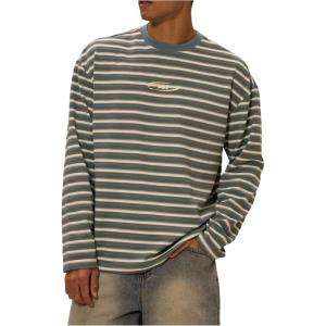 imageOYOANGLE Mens Striped Print Long Sleeve T Shirts Oversized Drop Shoulder Tops Graphic TeesBlue and White