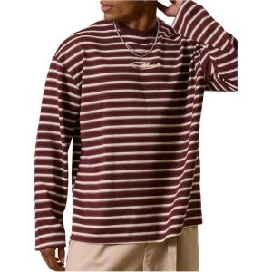 imageOYOANGLE Mens Striped Print Long Sleeve T Shirts Oversized Drop Shoulder Tops Graphic TeesBurgundy
