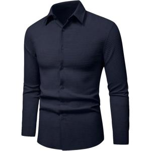 imageOYOANGLE Mens Textured Button Down Long Sleeve Shirts Business Casual Dress ShirtDeep Blue