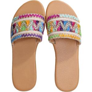 imageOYOANGLE Womens Boho Style Embroidered Flat Sandals Slide Sandals Fashion Flat Sandals Beach SlippersBrown Multi