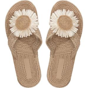 imageOYOANGLE Womens Floral Decor Open Toe Linen Flip Flops Slipper Summer Vacation Slip on Slide SandalKhaki