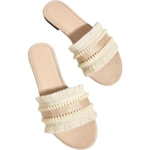 imageOYOANGLE Womens Fringe Trim Satin Open Toe Flat Slide Sandals Summer Casual Slip on Dressy SandalsApricot