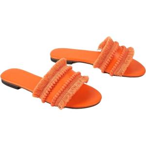 imageOYOANGLE Womens Fringe Trim Satin Open Toe Flat Slide Sandals Summer Casual Slip on Dressy SandalsOrange