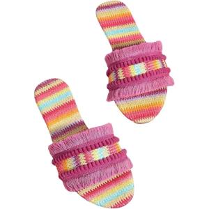 imageOYOANGLE Womens Fringe Trim Satin Open Toe Flat Slide Sandals Summer Casual Slip on Dressy SandalsPink Multi