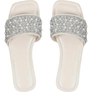 imageOYOANGLE Womens Rhinestone Flat Sandals Squared Slip on Open Toe Slide Sandals SlippersBeige
