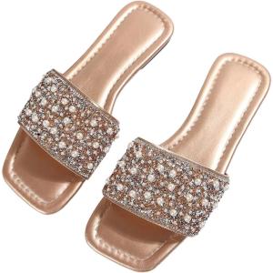 imageOYOANGLE Womens Rhinestone Flat Sandals Squared Slip on Open Toe Slide Sandals SlippersChampagne