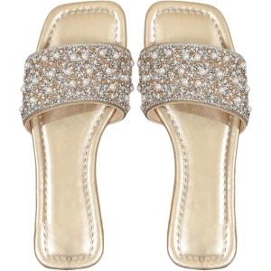 imageOYOANGLE Womens Rhinestone Flat Sandals Squared Slip on Open Toe Slide Sandals SlippersGold