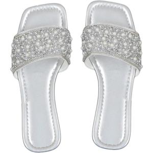 imageOYOANGLE Womens Rhinestone Flat Sandals Squared Slip on Open Toe Slide Sandals SlippersSilver