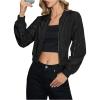 imageOYOANGLE Womens Lightweight Bomber Biker Jacket Zip up Windbreaker Crop Bomber Jacket CoatBlack
