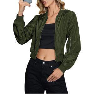 imageOYOANGLE Womens Lightweight Bomber Biker Jacket Zip up Windbreaker Crop Bomber Jacket CoatArmy Green