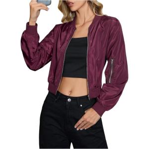 imageOYOANGLE Womens Lightweight Bomber Biker Jacket Zip up Windbreaker Crop Bomber Jacket CoatMaroon