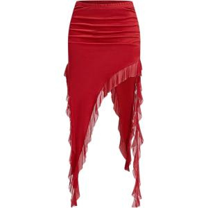 imageOYOANGLE Womens Ruffle Trim Asymmetrical Low Waisted Long Skirts Summer Party Going Out SkirtRed