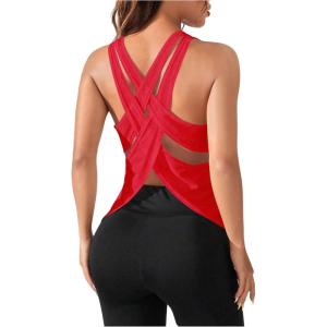 imageOYOANGLE Womens Sleeveless Workout Tops Racerback Athletic Loose Shirts Lightweight Yoga Gym Clothes Running Tank TopsRed
