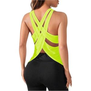 imageOYOANGLE Womens Sleeveless Workout Tops Racerback Athletic Loose Shirts Lightweight Yoga Gym Clothes Running Tank TopsYellow