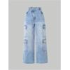 image:imageOYOANGLE Girls Cargo Jeans Asymmetrical Waist Flap Pocket Straight Leg Denim PantsMedium Wash