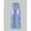 image:imageOYOANGLE Girls Cargo Jeans Asymmetrical Waist Flap Pocket Straight Leg Denim PantsMedium Wash