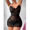 image:imageOYOANGLE Womens 2 Piece Lingerie Set Peal Beaded Halter Sheer Chemise with Thong Babydoll SleepwearBlack