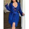 image:imageOYOANGLE Womens Plus Size 3 Piece Sheer Robe Lingerie Set V Neck Lace Ruffle Chemise and Thongs Mesh SleepwearDeep Blue