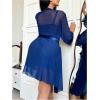 image:imageOYOANGLE Womens Plus Size 3 Piece Sheer Robe Lingerie Set V Neck Lace Ruffle Chemise and Thongs Mesh SleepwearDeep Blue