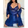 image:imageOYOANGLE Womens Plus Size 3 Piece Sheer Robe Lingerie Set V Neck Lace Ruffle Chemise and Thongs Mesh SleepwearDeep Blue