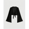 image:imageOYOANGLE Womens Plus Size Hollow Out Crochet Cardigan Sweater Tie Front Bell Sleeve Cropped Bolero ShrugsBlack