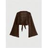 image:imageOYOANGLE Womens Plus Size Hollow Out Crochet Cardigan Sweater Tie Front Bell Sleeve Cropped Bolero ShrugsBrown