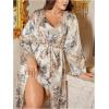 image:imageOYOANGLE Womens Plus Size Satin Robe Set Floral Nightgown with Belted Kimono Bathrobe 2 Piece SleepwearApricot