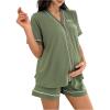 image:imageOYOANGLE Womens Maternity Pajamas V Neck Short Sleeve Button Down Shirt and Shorts 2 Piece loungewearArmy Green