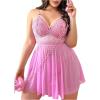 image:imageOYOANGLE Womens Plus Size 2 Piece Lingerie Set Lace Sheer Underwire Ruffle Chemise and Thongs V Neck SleepwearPink