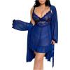 image:imageOYOANGLE Womens Plus Size 3 Piece Sheer Robe Lingerie Set V Neck Lace Ruffle Chemise and Thongs Mesh SleepwearDeep Blue