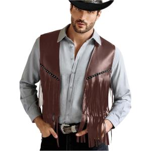 image:imageOYOANGLE Mens PU Leather Open Front Fringe Vest Boho Cowboy Western Sleeveless Jacket WaistcoatRust Brown