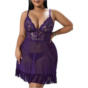 image:imageOYOANGLE Plus Size Lingerie for Women Lace Sheer Babydoll Chemise V Neck Mesh SleepwearPurple