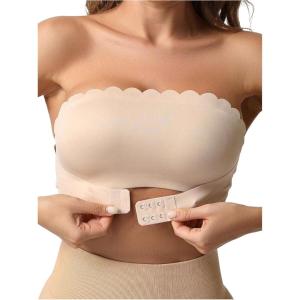image:imageOYOANGLE Womens Front Closure Strapless Bra Scallop Trim Wireless Bandeau Comfy Tube Top BrasApricot