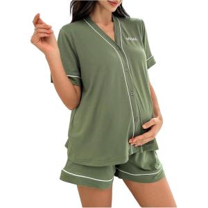image:imageOYOANGLE Womens Maternity Pajamas V Neck Short Sleeve Button Down Shirt and Shorts 2 Piece loungewearArmy Green