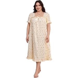 image:imageOYOANGLE Womens Plus Size Ditsy Floral Nightgowns Short Sleeve Ruffle Trim Long Nightdress SleepwearApricot