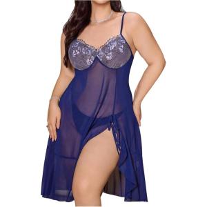 image:imageOYOANGLE Womens Plus Size Floral Sheer Nightgowns Sleeveless Ruffle Split Chemise Nightdress Babydoll LingerieDeep Blue