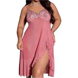 image:imageOYOANGLE Womens Plus Size Floral Sheer Nightgowns Sleeveless Ruffle Split Chemise Nightdress Babydoll LingerieDusty Pink