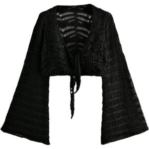 image:imageOYOANGLE Womens Plus Size Hollow Out Crochet Cardigan Sweater Tie Front Bell Sleeve Cropped Bolero ShrugsBlack