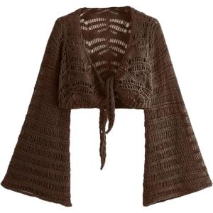 image:imageOYOANGLE Womens Plus Size Hollow Out Crochet Cardigan Sweater Tie Front Bell Sleeve Cropped Bolero ShrugsBrown