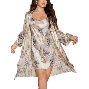 image:imageOYOANGLE Womens Plus Size Satin Robe Set Floral Nightgown with Belted Kimono Bathrobe 2 Piece SleepwearApricot