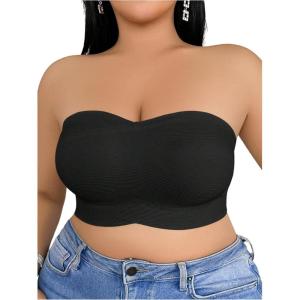 image:imageOYOANGLE Womens Plus Size Strapless Bra Non Slip Ribbed Tube Top Bralettes Comfortable Padded Bandeau BrasBlack