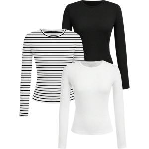image:imageOYOANGLE Girls Long Sleeve T Shirt 3 Pack Crew Neck Basic Fitted Tee Shirts Solid Fall Layering TopsBlack White