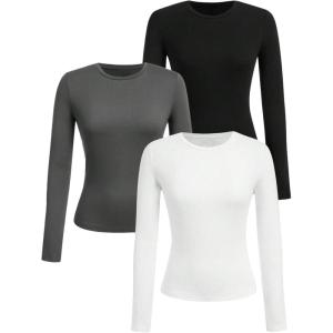 image:imageOYOANGLE Girls Long Sleeve T Shirt 3 Pack Crew Neck Basic Fitted Tee Shirts Solid Fall Layering TopsDark Grey